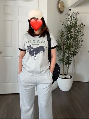 Coord Set Gray Dog Graphic Ringer T-Shirt